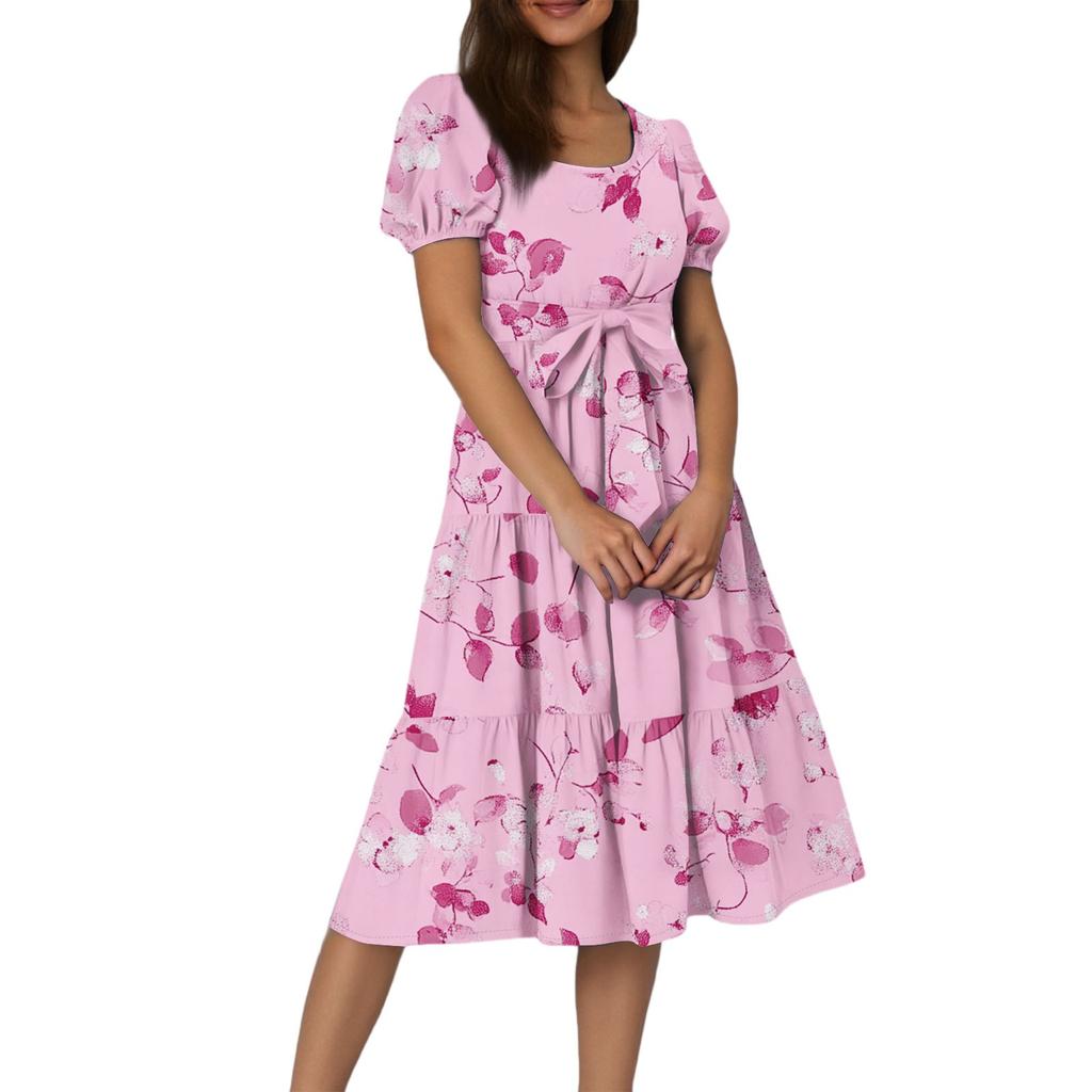Women's Summer Floral Print Short Sleeves Neck Waistband Bohemian Flowy Maxi Dress With Pockets