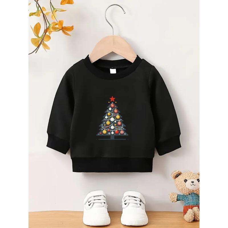 Kids Lightweight Crewneck Pullover Sweatshirt, Cartoon Christmas Tree Graphic Print
