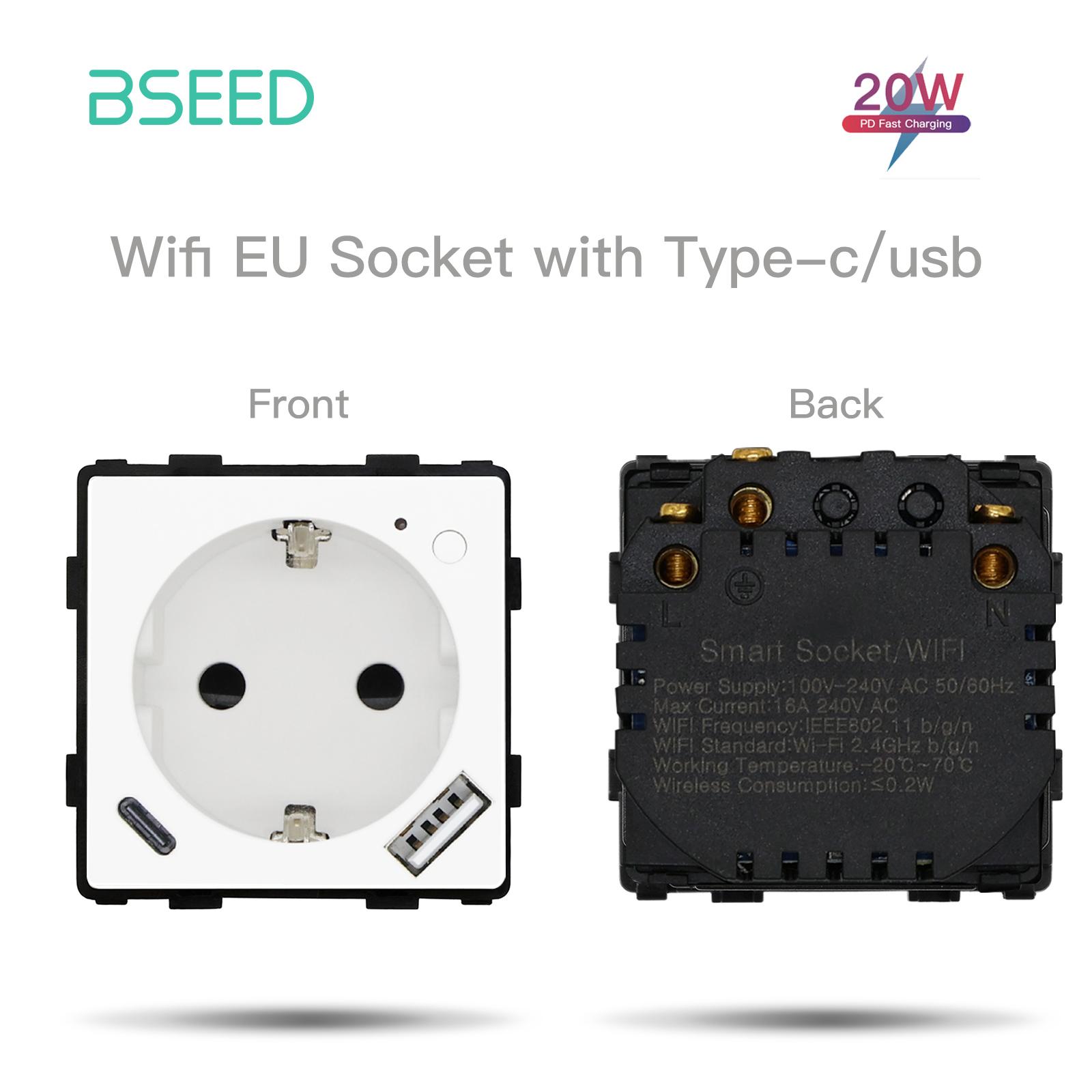 

BSEED Wifi Smart Plug Type-c USB Wall EU Socket Insert Function Part Tuya Smart Life Alice Voice Control 20W AC Without Frame 100-240V білий