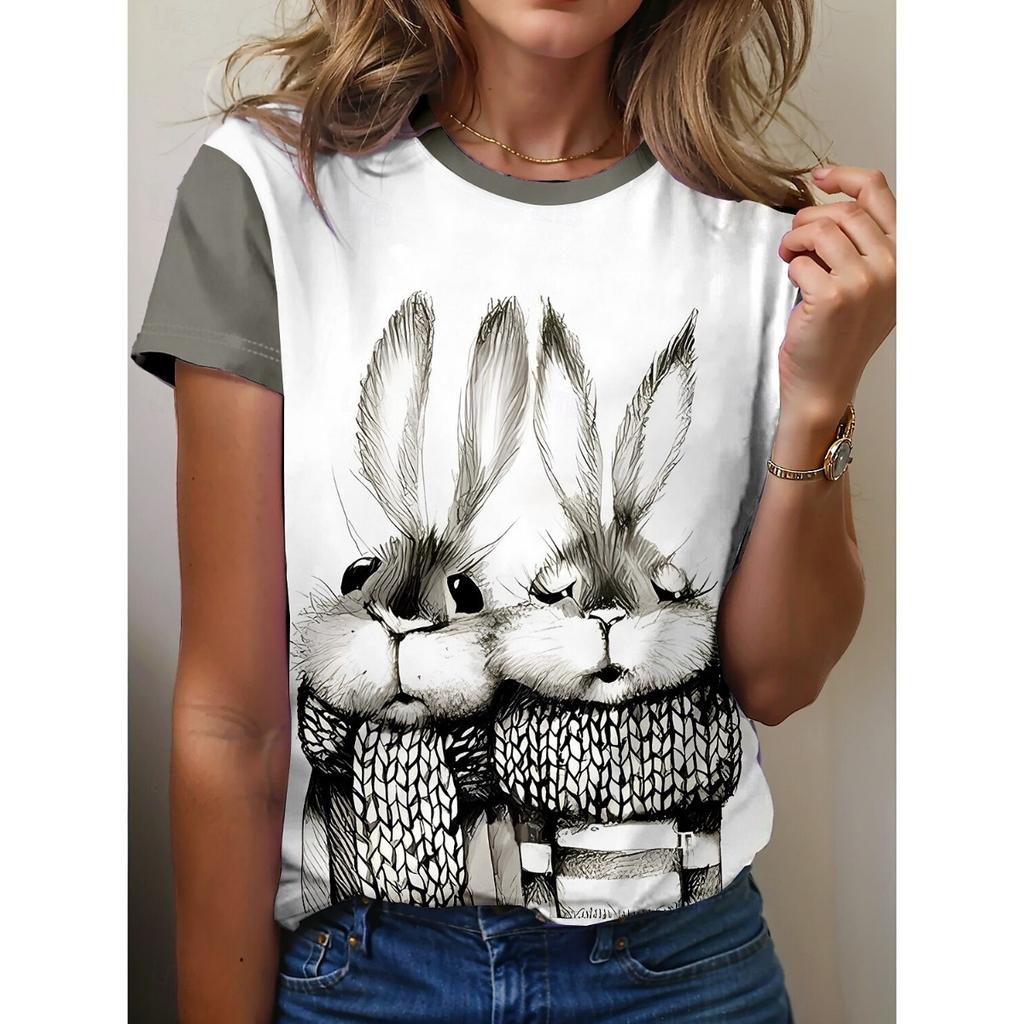 Women's Fun Rabbit Printed T-shirt Short Sleeve T-shirt Top 3D Printed Round Neck Shirt Summer Casual Women's Clothing