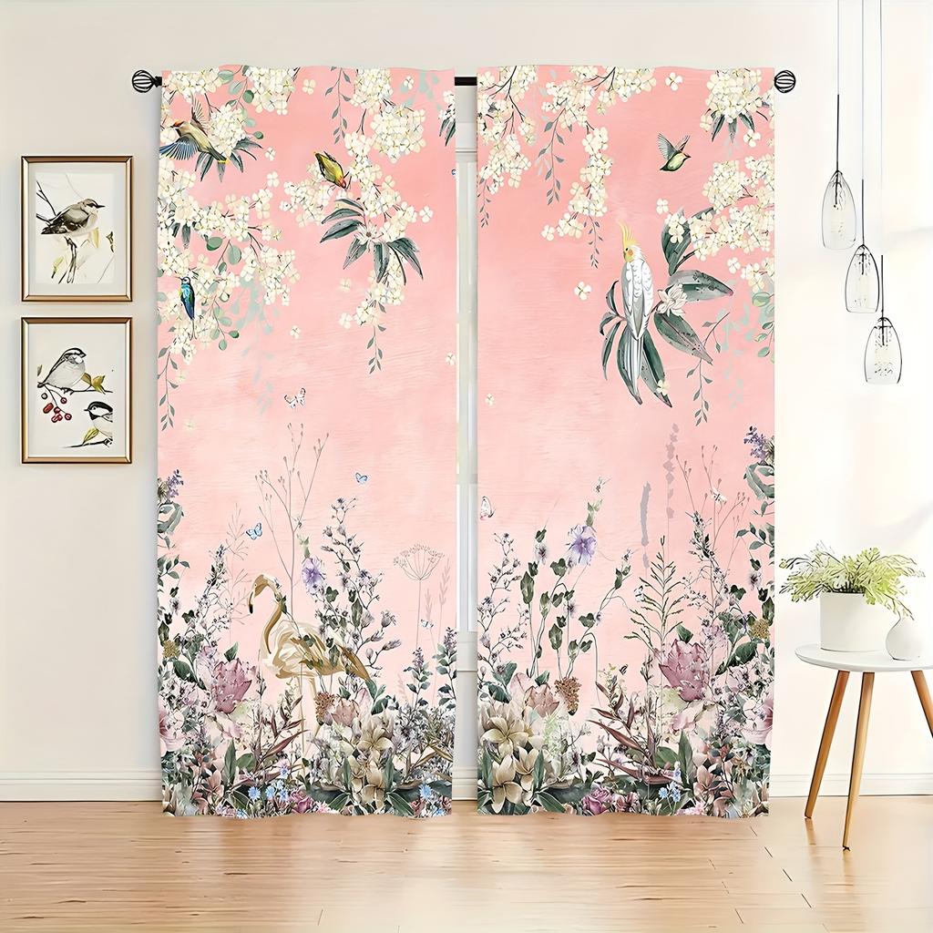 Modern Abstract Floral & Bird Print Pink Curtains - Light Filtering   Machine Washable Polyester Drapes for Living Room   Bedroom