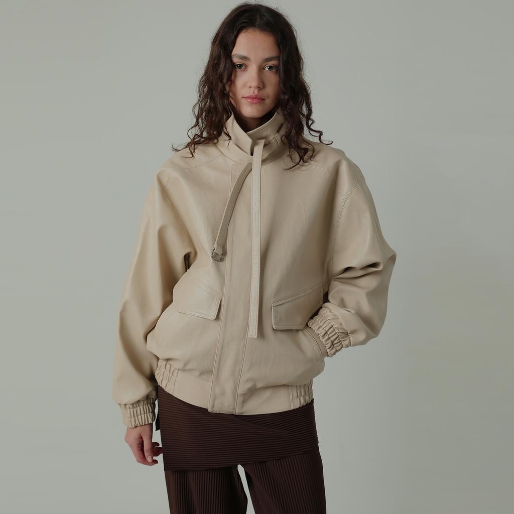 Nayro Belted Leather Blouson Cream