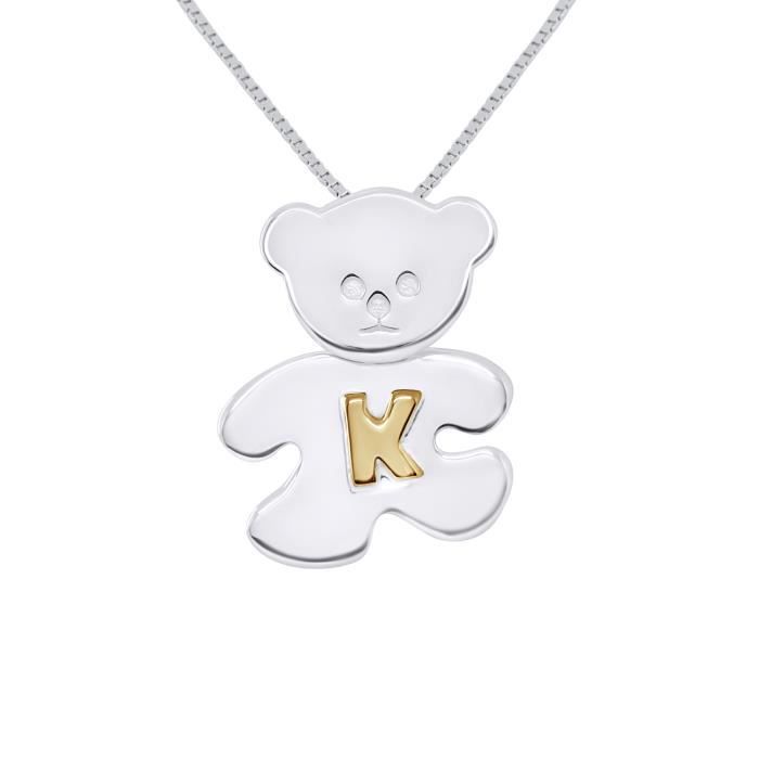 LÉA & ARTHUR - Pendentif Enfants Motif (OURSON) Argent 925 Millièmes Rhodié & (Lettre K) Plaqué Or Jaune