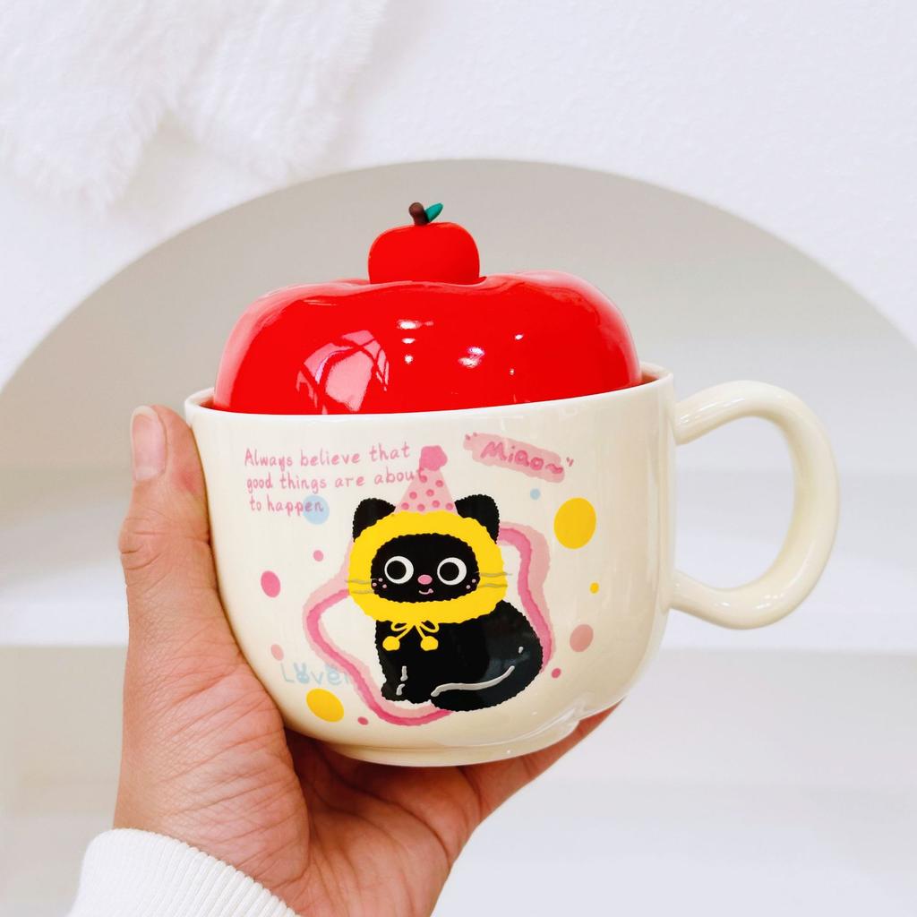 Apple Cat Red Souvenir Set Cartoon Cute Festive Ceramic Cup with Lid Spoon Mug Personalized Hand Cup