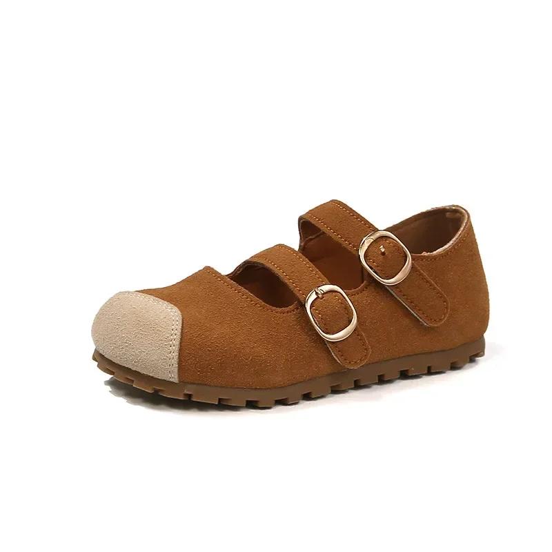 

Kids Flat Shoes Spring Autumn Retro Patchwork Girls Leather Shoes 2025 New Non-slip Children s Causal Shoes Round-toe Hook Loop 23 коричневый