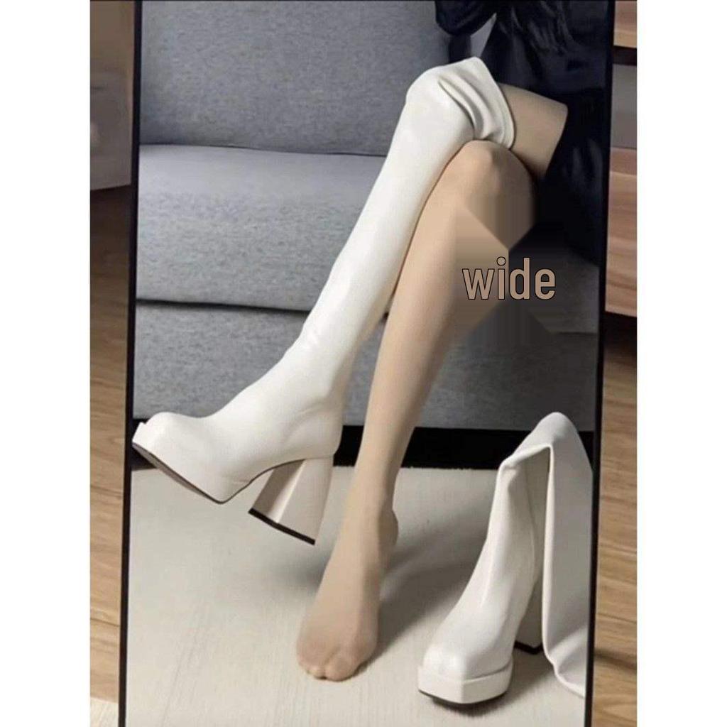 Botas de Tacón Grueso por Encima de la Rodilla con Punta Cuadrada y Suela Gruesa de Terciopelo para Mujer - Colección Otoño/Invierno