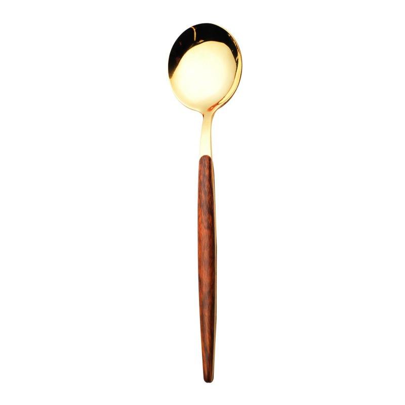 Retro Wooden Handle Stainless Steel Dinnerware Gold-Plateing Elegant Western Food Fork Spoon Knife Tableware