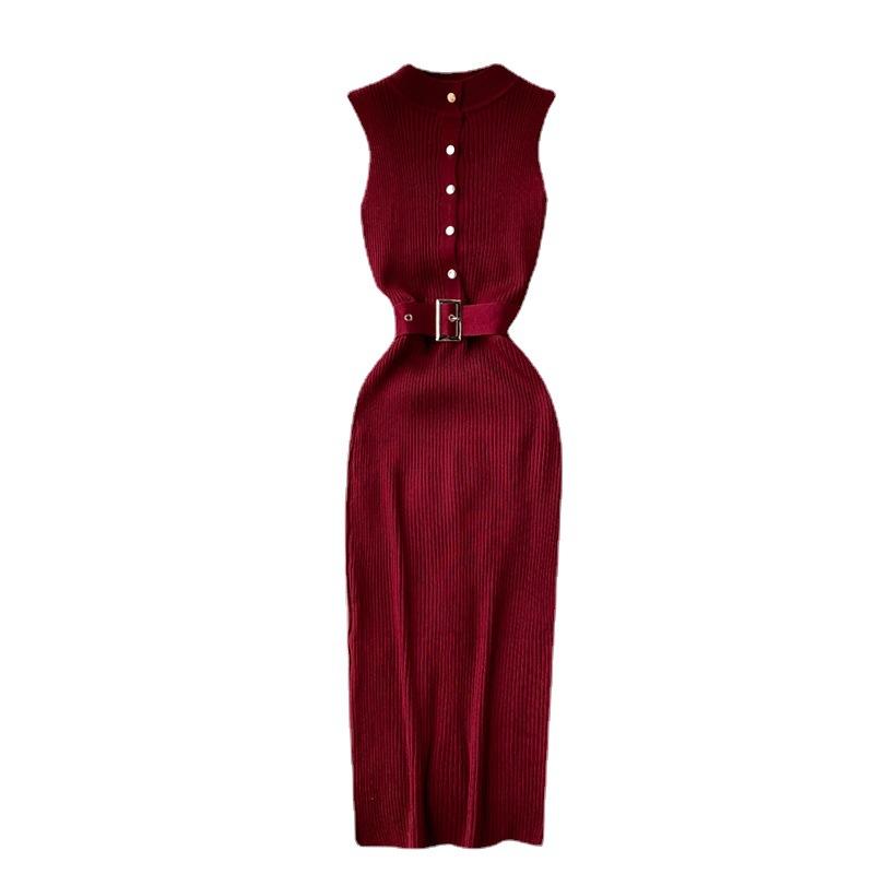 European and American stand-up collar breasted slim-fitting and thin elastic knitted vest skirt waist and thin medium and long hip-wrapped bottoming