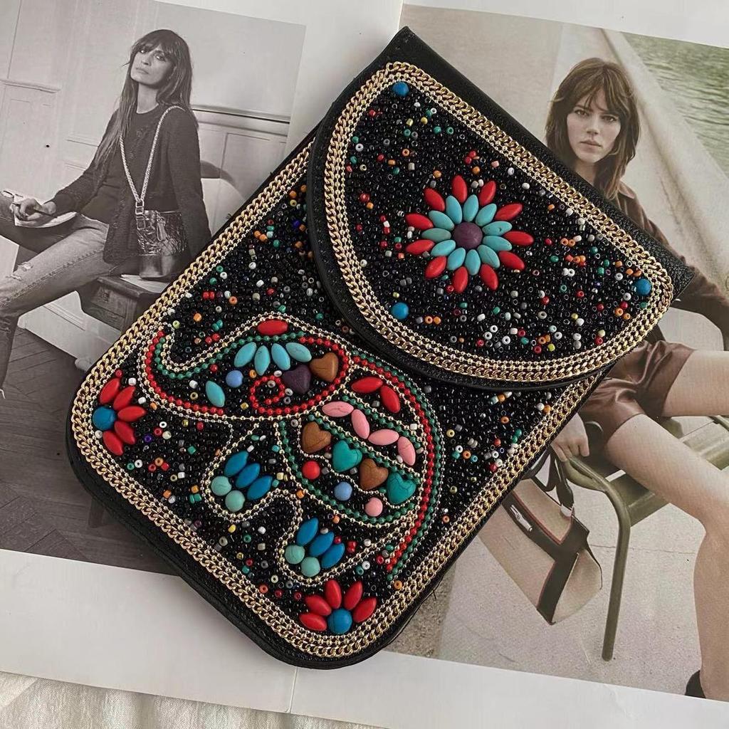 Exquisite Bohemian Style Crossbody Bag with Rice Beads, Shells, and Flowers