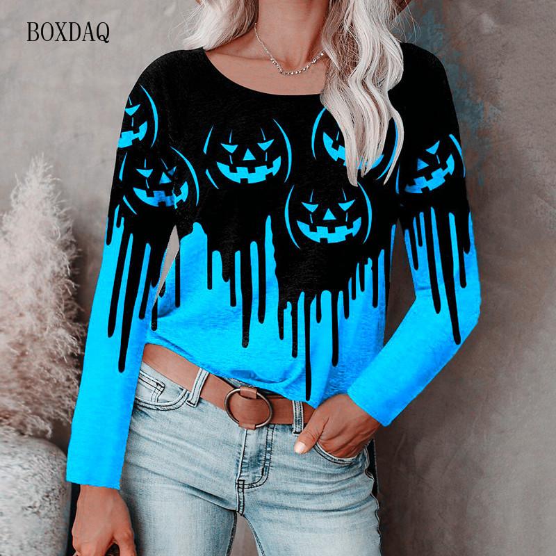 Horror Pumpkin Halloween Women Fashion T-shirts Long Sleeve 3d Print Tie-dye Street Hip Hop Ladies Tees 6XL Big Size Casual Tops