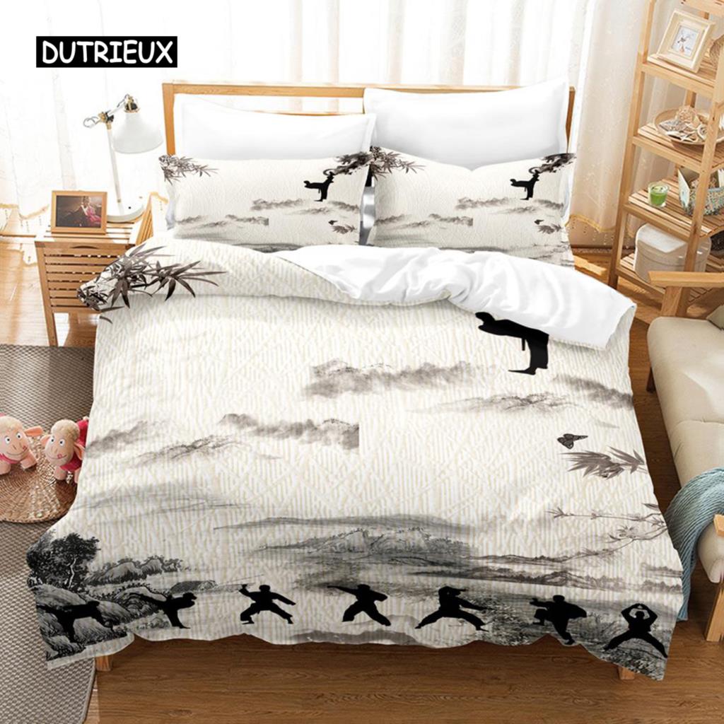 Kung Fu Duvet Cover Set King Size Sunset Martial Art Men Silhouettes Bedding Set For Teen Boy Polyester Sports Theme Quilt Cover