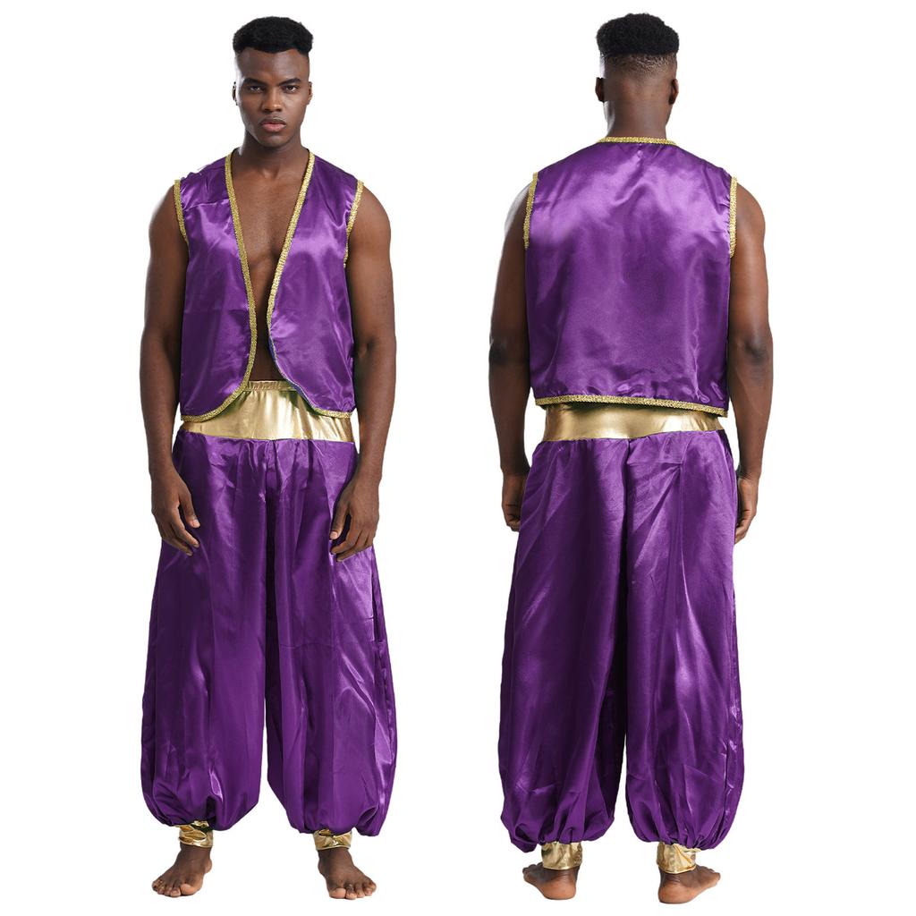 Halloween Arabisk Prins Kostyme - Skinnende Gull Vest & Lappeteppe Bukser for Menns Cosplay (Størrelser S-4XL)