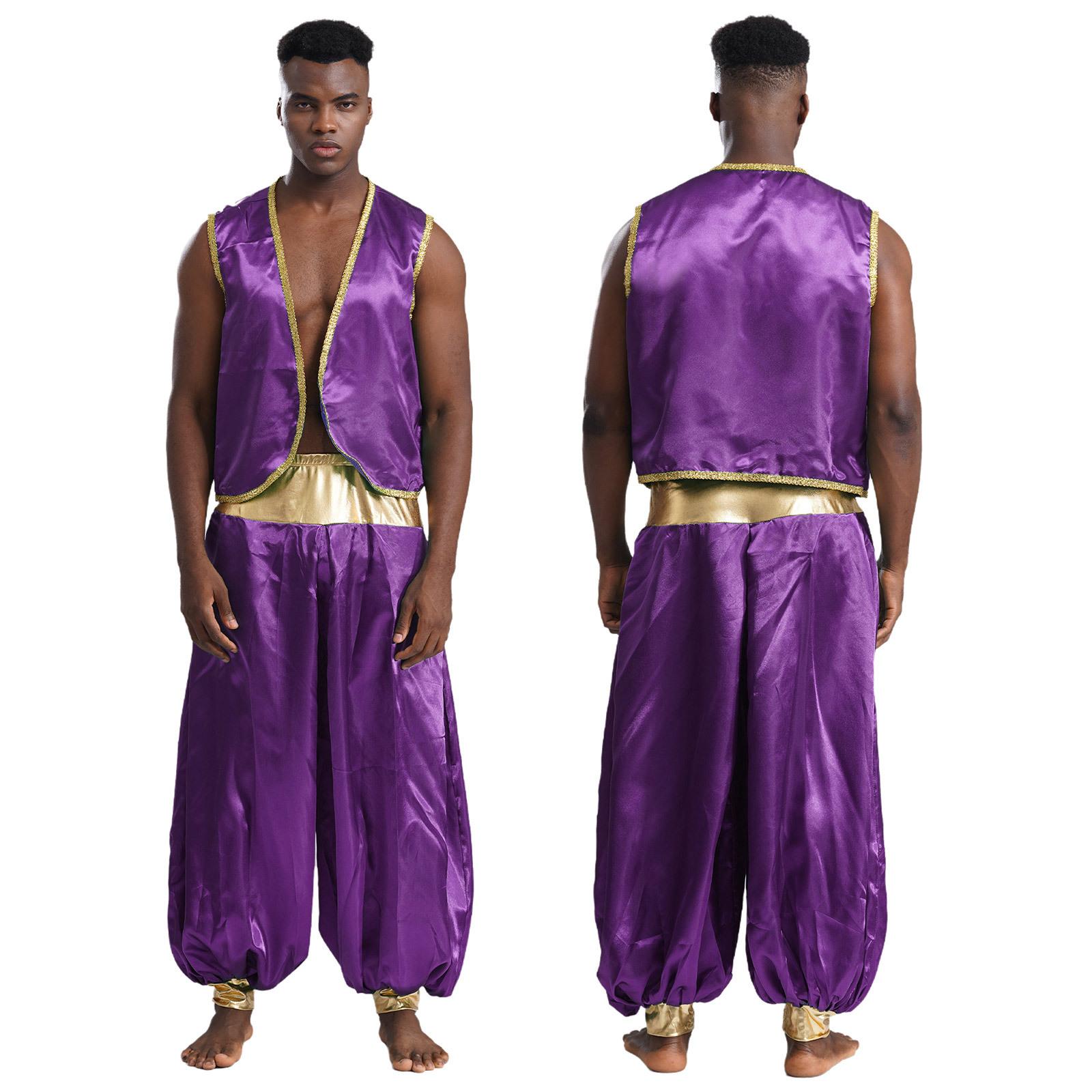 

Чоловічий арабський костюм S-4XL - Жилет з відкритим передом із золотою обробкою та штани-ліхтарі для вечірки на Хелловін 4XL темно-фіолетовий колір