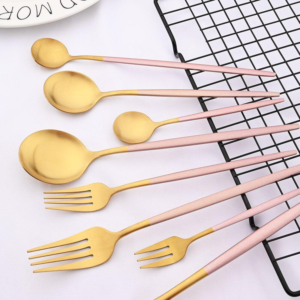 Pink Gold Stainless Steel Cutlery Set Flatware Dinner Knife Dessert Spoon Fruit Fork Dinnerware Set Matte Kitchen Tableware Set
