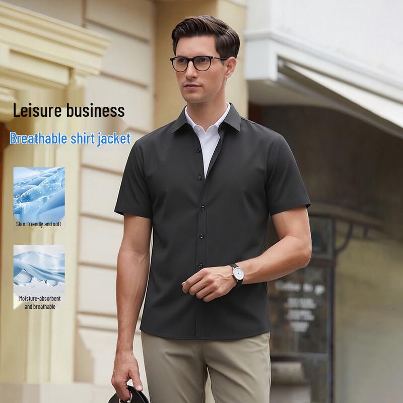 POLOMEISDO Men s Solid Short Sleeve Anti-Wrinkle Shirt 44