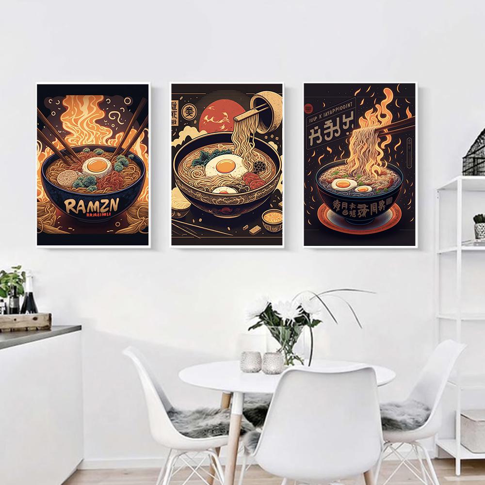 Ramen Japanese Food Wall Art Modern Vintage Cartoon Kitchen Decor Art Print Pictures Retro Funny Dining Room Canvas Painting
