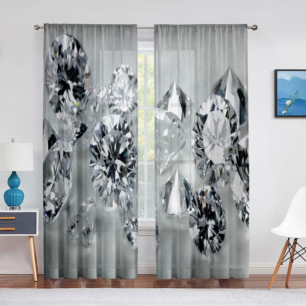 Falling Jewelry Diamonds On The Black Background Tulle Curtains for Living Room Bedroom Decor Chiffon Sheer Voile Window Curtain