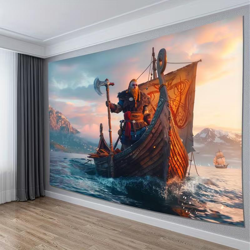 2D Wikingerkrieger Wandteppich, Langschiff am Meer Wandkunst für Heimdekoration