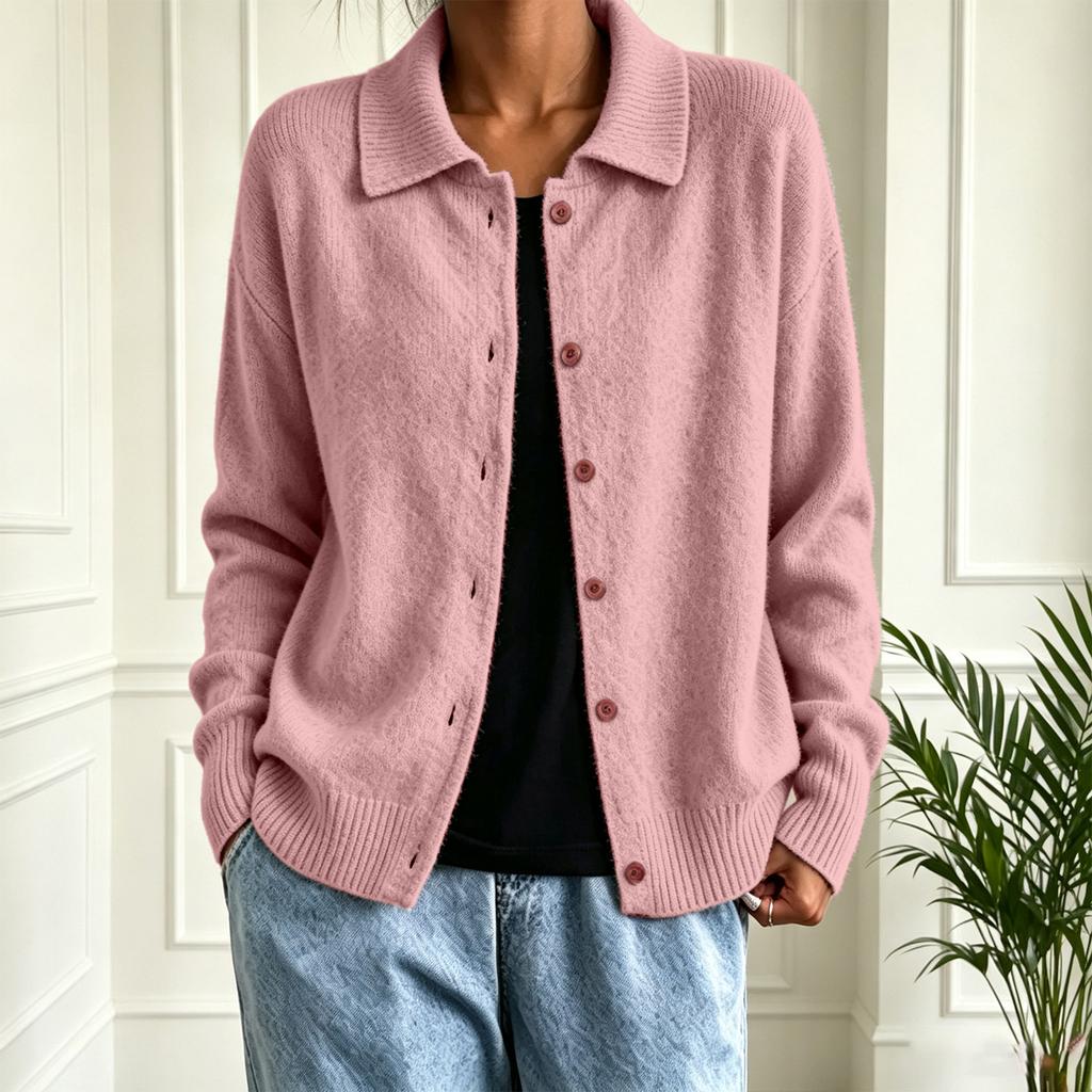 Women's Color Knit Cardigan Sweater with Long Sleeve and Button Lapel