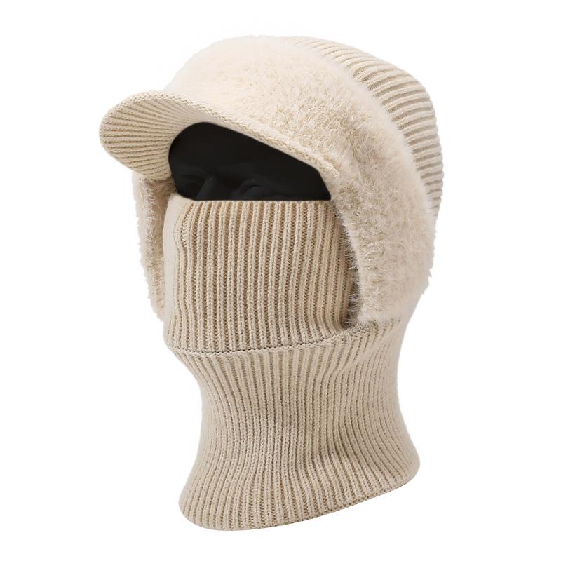 Autumn Winter Knitted Hat Scarf One-Piece Velvet Two-Piece Cap Warm Face-Covering Cold-Proof Wool Cap