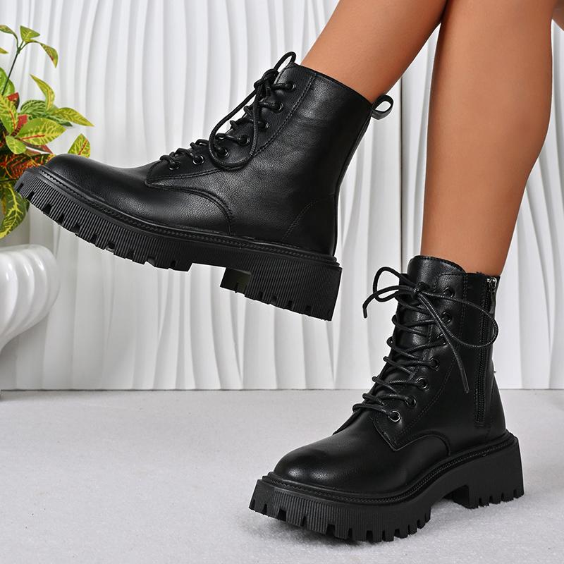 Fashion Black Punk Lace Up Motorcycle Boots Women Autumn Winter Platform Ankle Boots Women Plus Size 35-43 Zip Pu Leather Booties Mujer