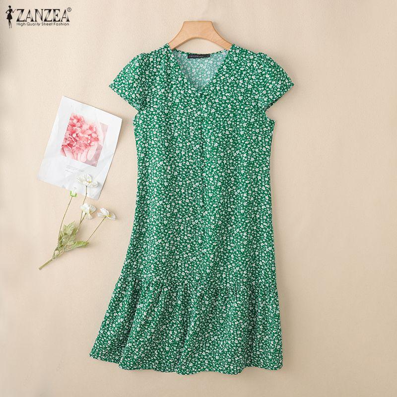 ZANZEA Women Casual V-Neck Floral Print Short Sleeve Dress