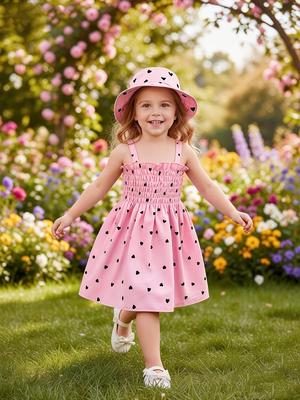 2Pcs Girls Summer Dress Set 0-3 Years Sleeveless Heart Print Camisole Dress with Hat Baby Princess Outfit Cute Toddler