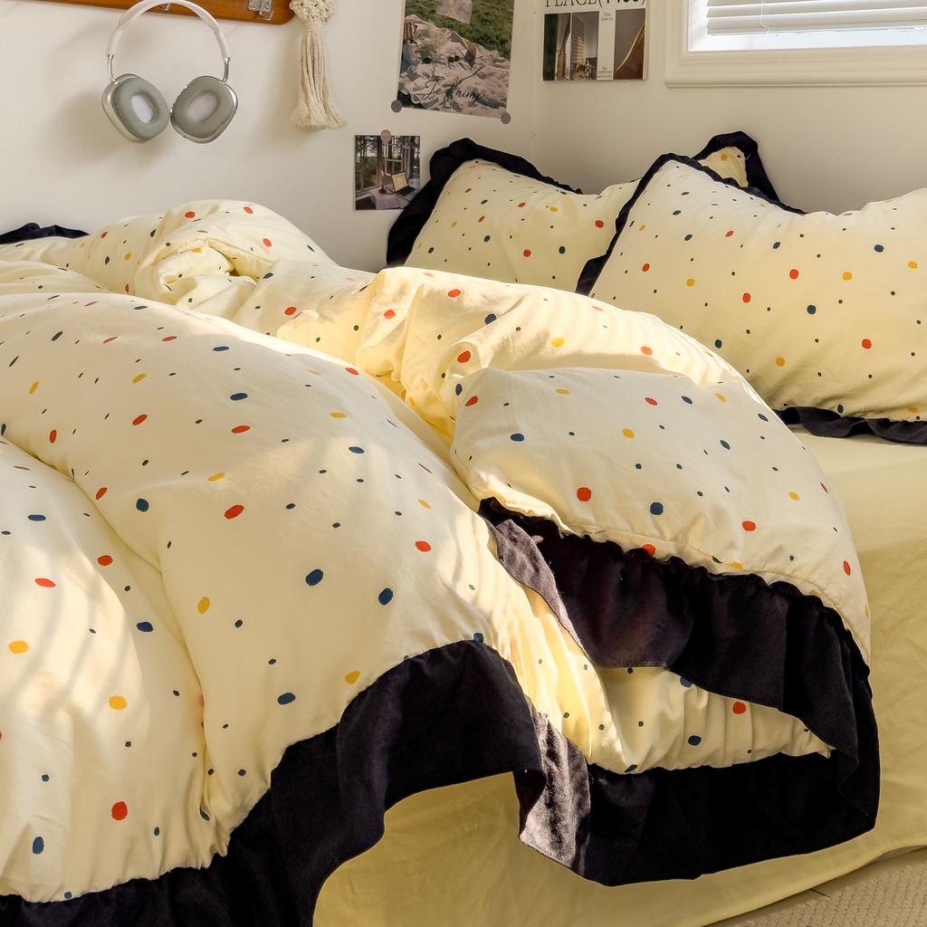 INS French Style Bedding Sets Ruffle Ink Wash Flower Romantic Bed Sheet Sets Woman Girls Bedroom Duvet Cover Set 4pcs