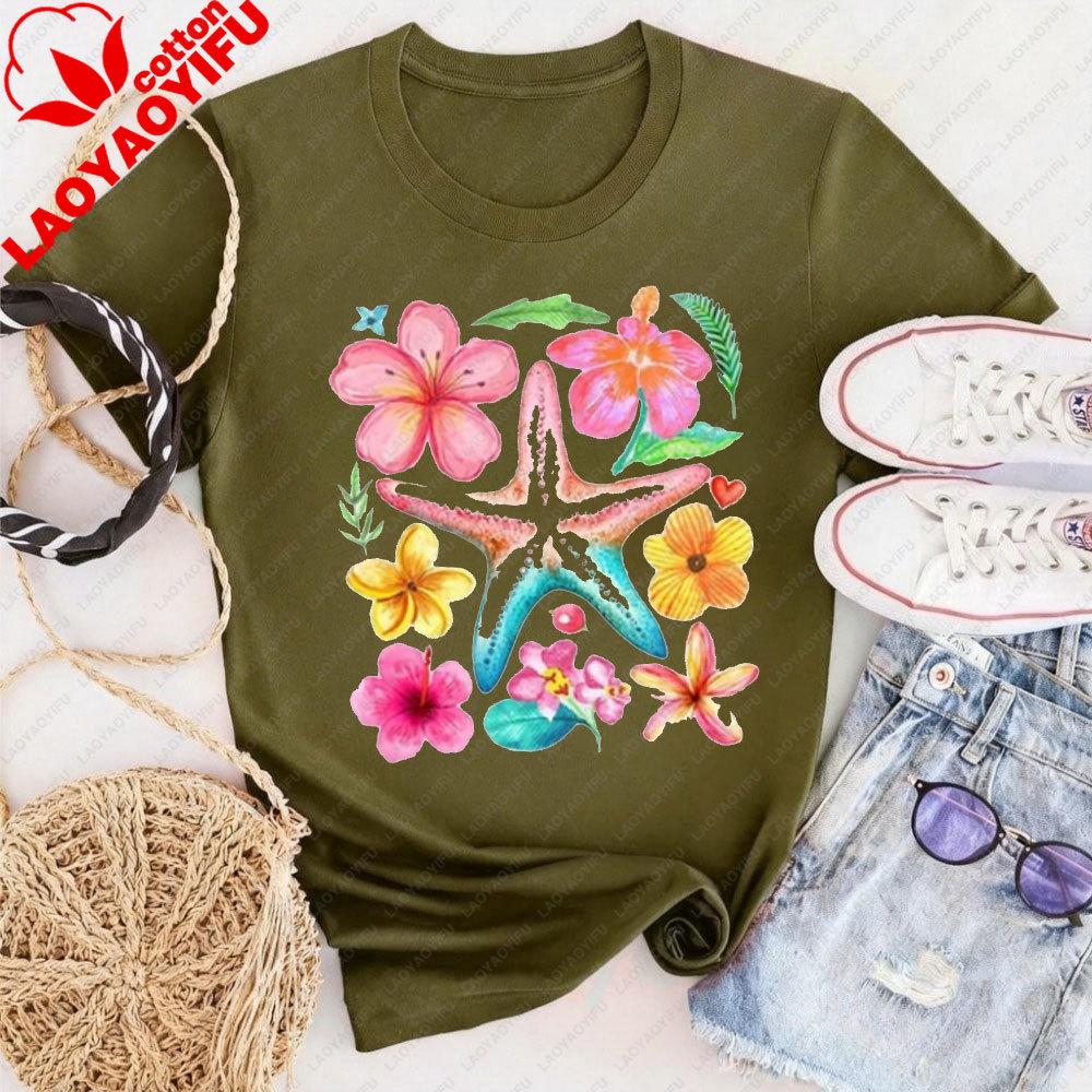 Tropical Bloom  Starfish Tee Beach Summer Shirt Summer Beach Vacation Tees Beach Party with Colorful Prints Clothes Tops S