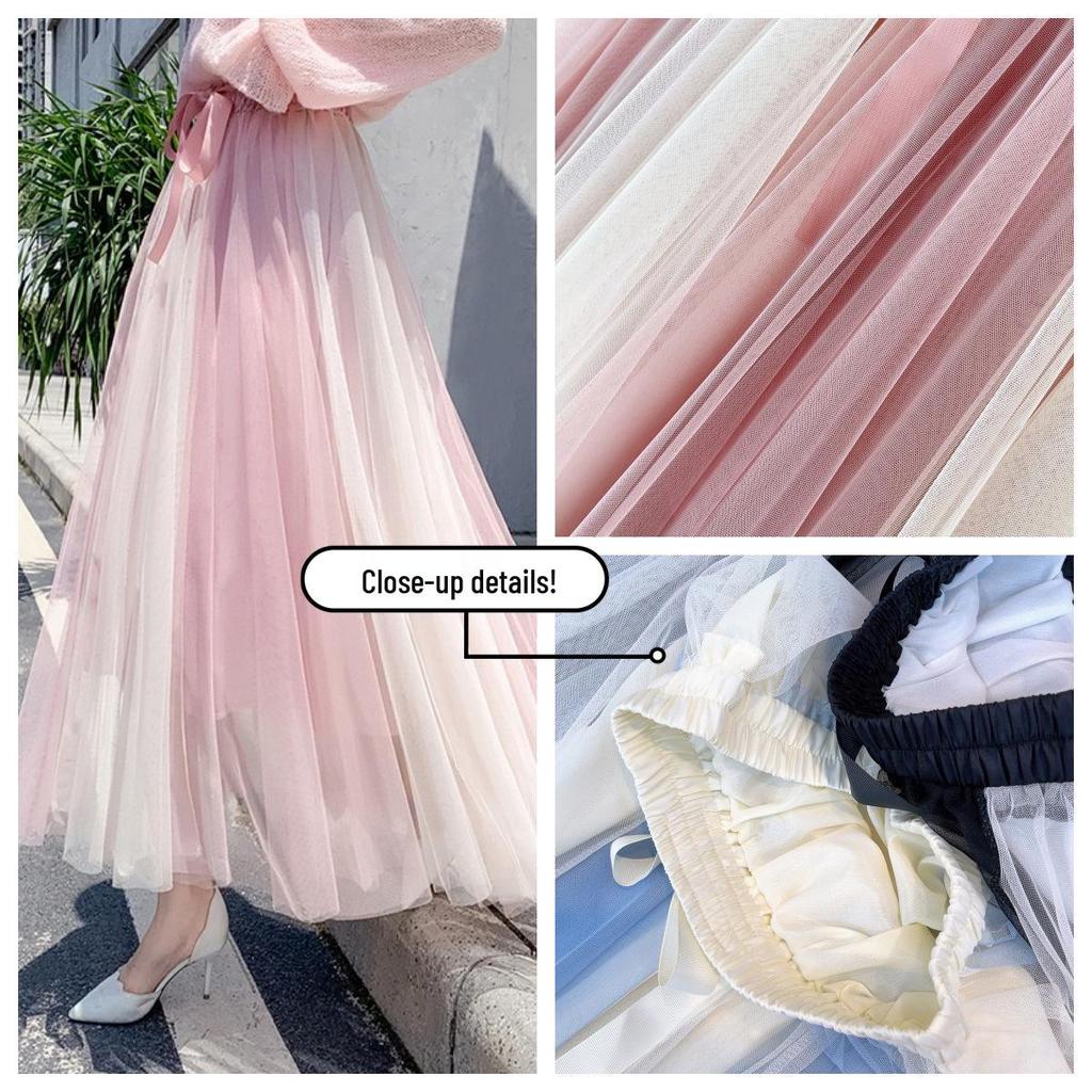 2024 Color-Block Mesh Dress - Gentle, Korean-Style, Four-Season Long Skirt
