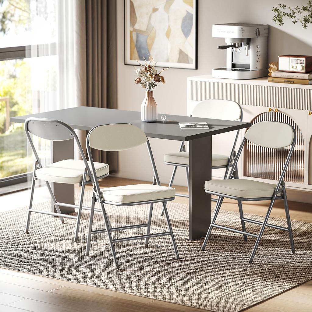 Set of Four Folding Corduroy Seat Chairs, Cream