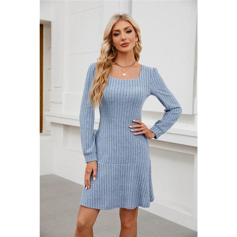 Women Square Neck Knit Dress Long Sleeve Pockets A‑Line Swing Ruffle Hem Casual Fall Short Knitted Midi Dress