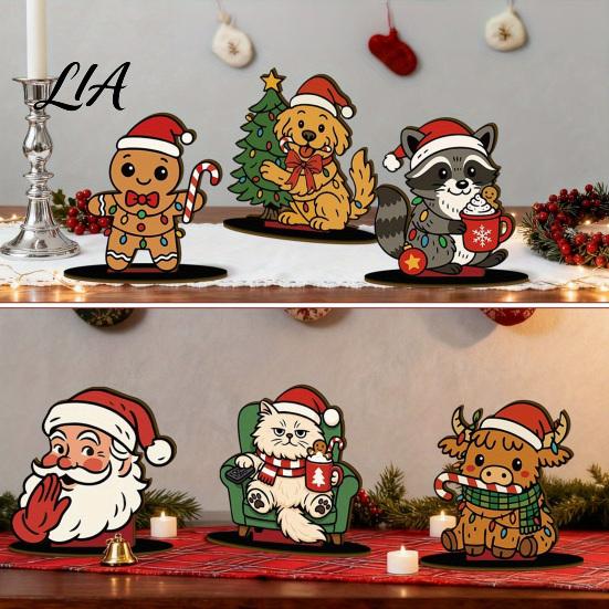 Rustic Wood Ornaments 6Pcs Christmas Wooden Tabletop Ornaments, Stable Base Cartoon Animal/Santa Claus/Gingerbread Holiday Home Accents Man
