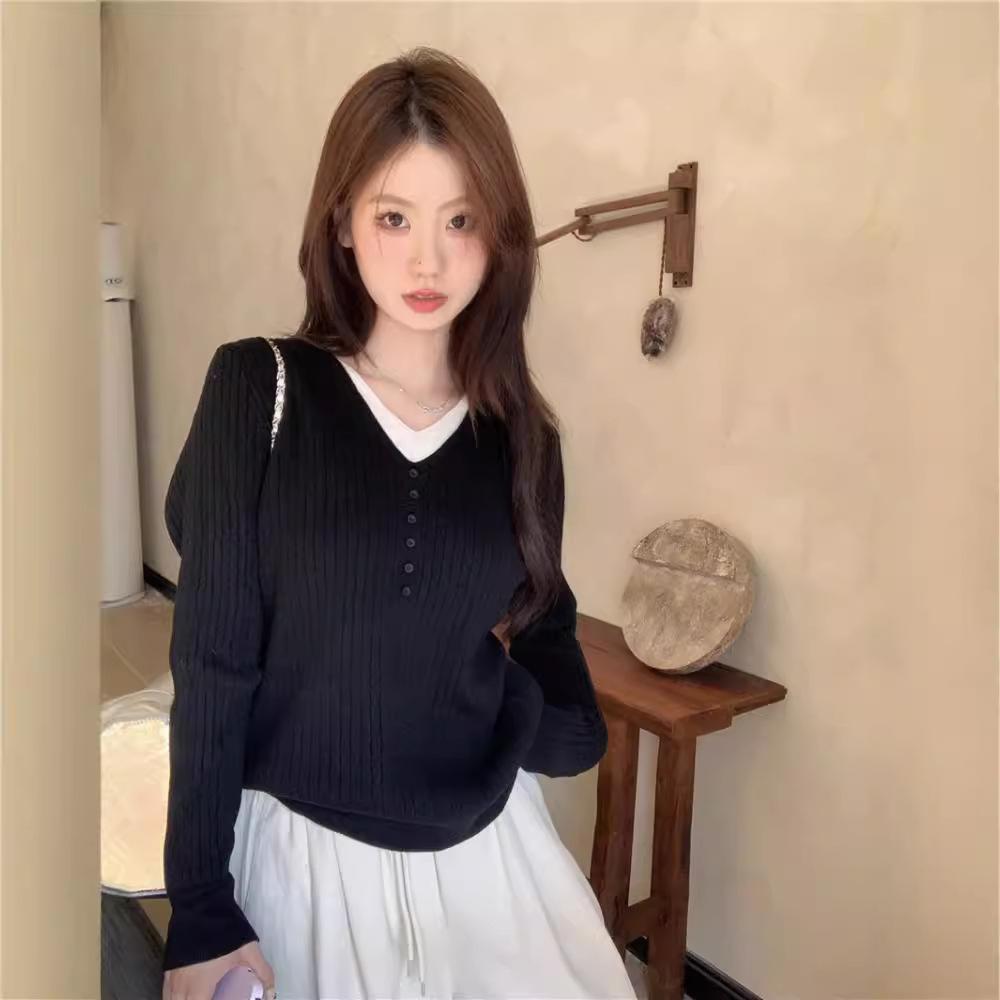 Fall Winter Fake Two Piece Inner Wear Base Layer Sweater Outerwear Women Chic Knit Top Apricot Blouse