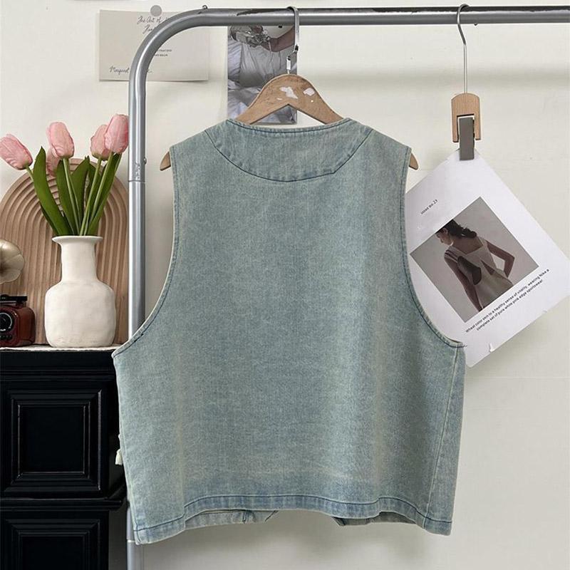 Vest Denim Women Cotton Vest Oversize Solid Color Plus Size Casual Sleeveless Coat Buttons Vest