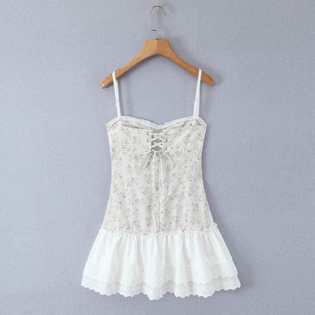 2026 Sweet Chic Lace Patchwork Backless Spaghetti Strap Mini Dress