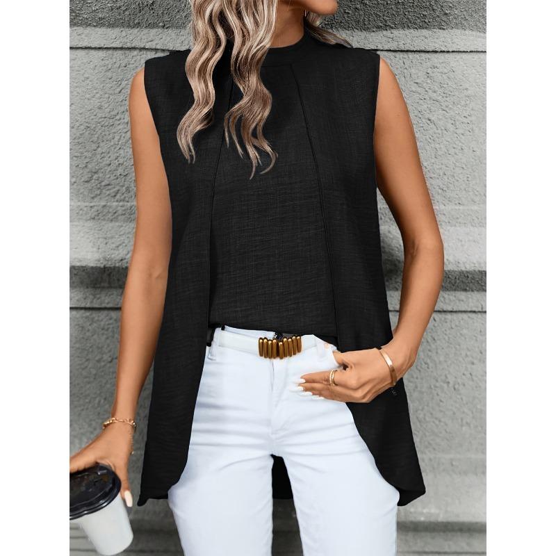 Sleeveless Women Loose Irregular Shirts Elegant Fashion Summer Blouse Solid Color Sweet Simple Office Long Tops Streetwear Casual Simple Clothing