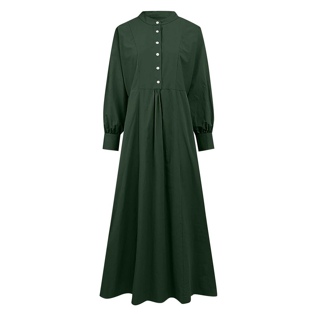 Women's Long Sleeve Button Down Casual Outfits Solid Color Round Neck Maxi Dresses