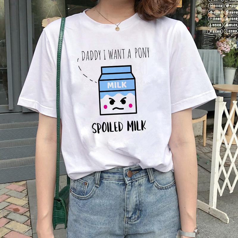 Kawaii Women T-Shirt Cartoon Milk Print Funny Top Female T Shirt Ulzzang Harajuku Aesthetic Casual O-Neck Ladies Tee Clothing