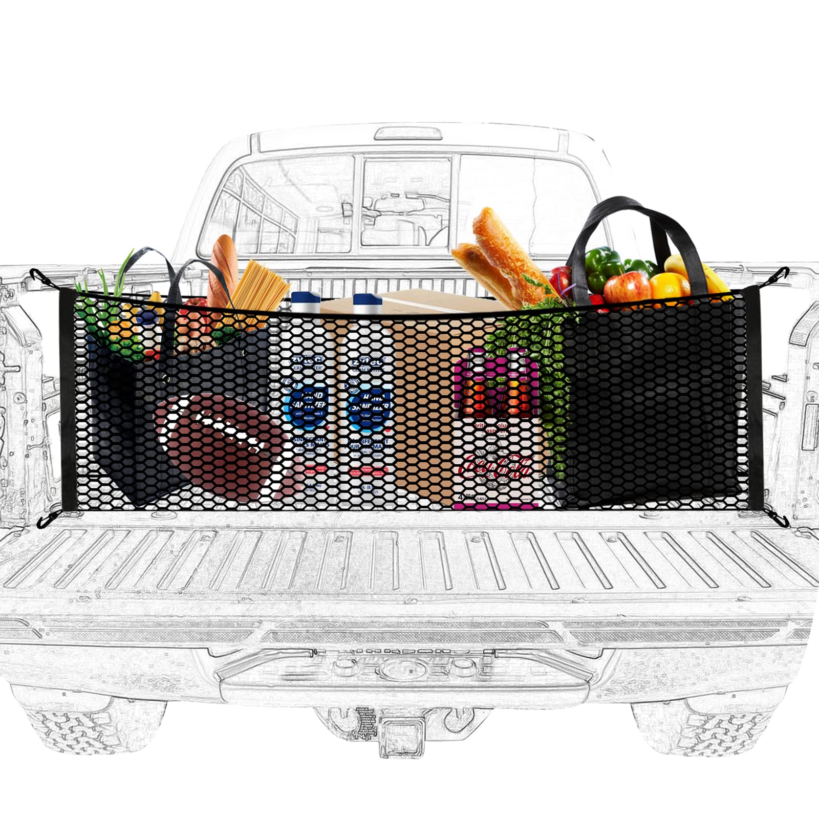 

Truck Bed Cargo Net Cargo Storage Stretchable Mesh Net Organizer with Hooks Truck Bed Grocery Holder Cargo Net for Pickup Truck Bed