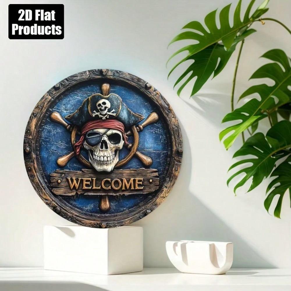 Placa Artística Redonda de Alumínio Pirata Vintage Bem-vindo Decoração de Casa Bar Café Parede