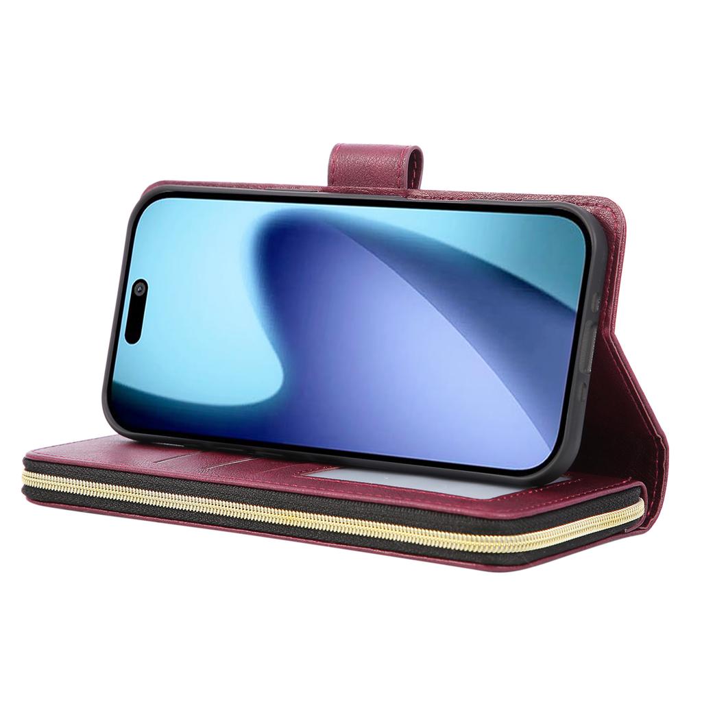For iPhone 17 Air Case Zipper Pocket 9 Card Slots PU Leather Phone Cover with Hand Strap