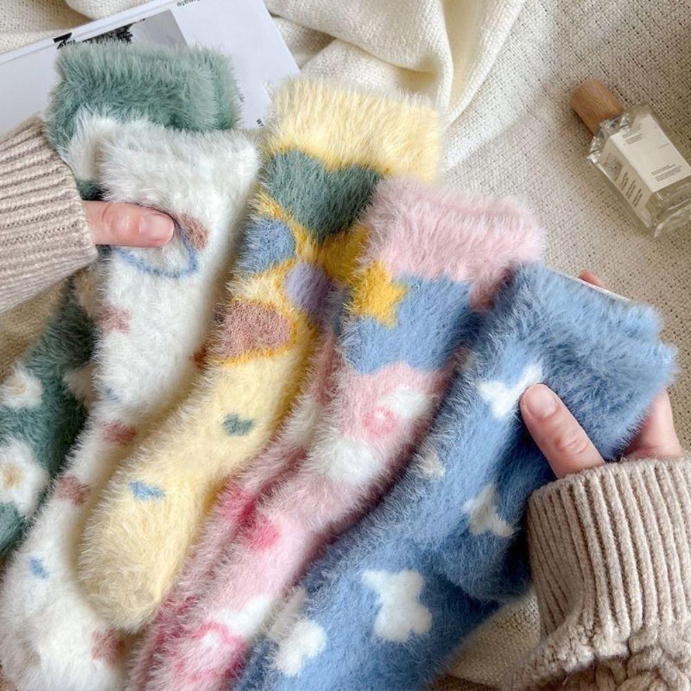 5Pairs Sweet Plush Socks Soft Thicken Warm Socks Ins Mink Fur Socks  Women
