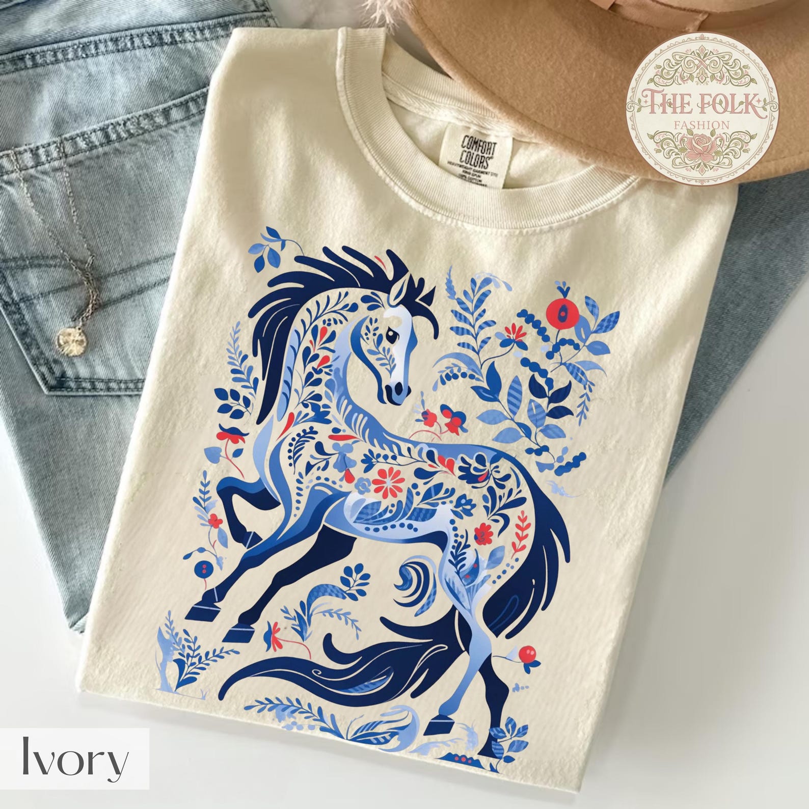Scandinavian Horse Shirt, Folk Art Floral Horse Tee, Nordic Style Graphic T-Shirt, Comfort Colors Horse Lover Gift, Horses Graphic Tee 4XL