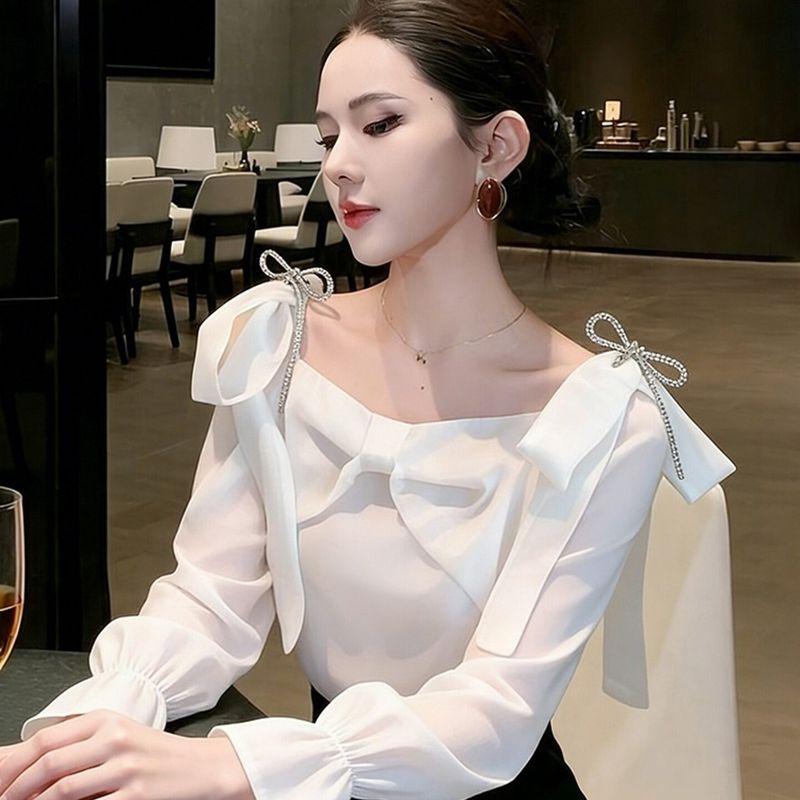 

2026 Spring New Style Unique and Super Stylish Shirt with a High-End Feel, Elegant White Bowknot Top for Socialites White Top M