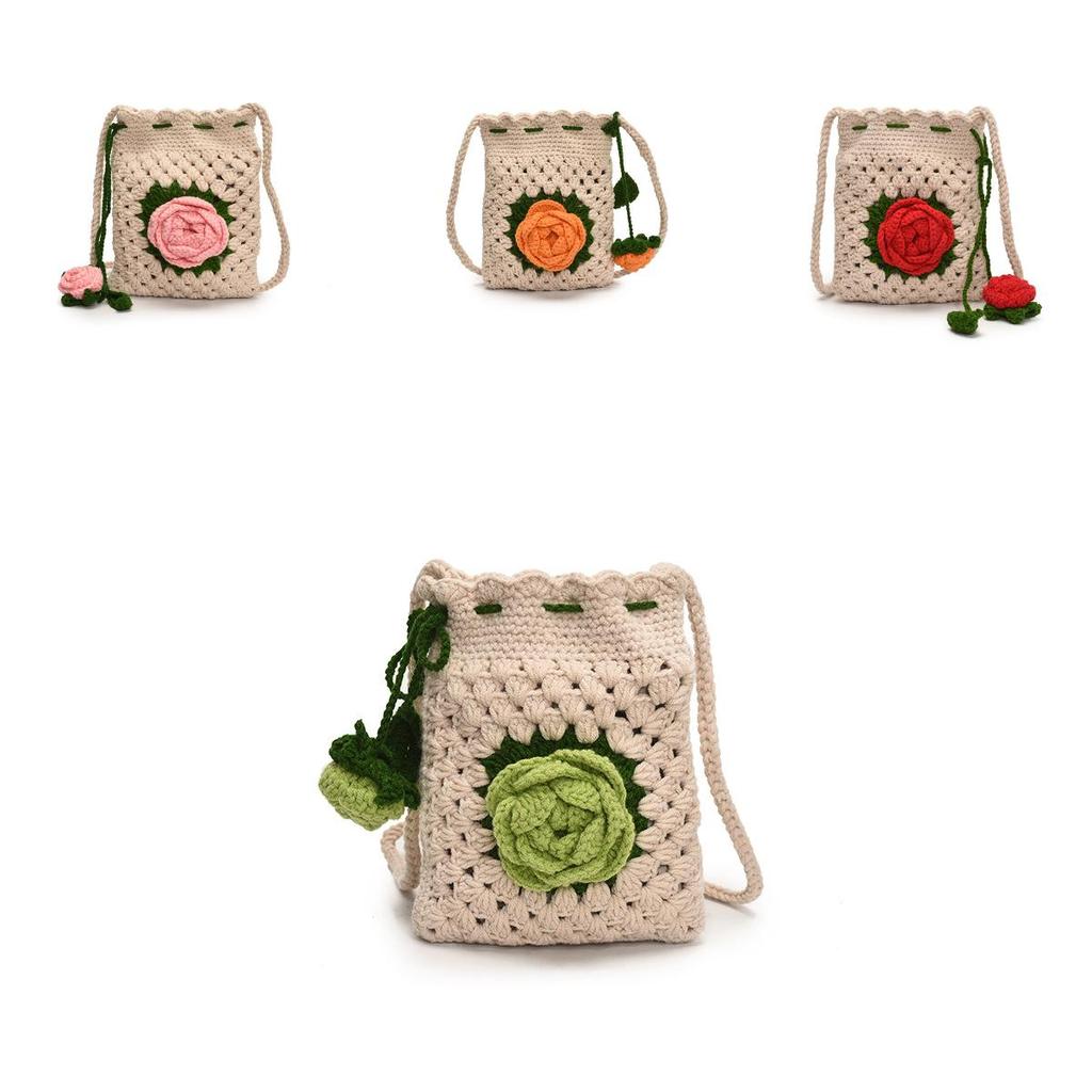 Cute Knitted Water Bucket Bag With Drawstring And Rose Design For Daily Casual Women