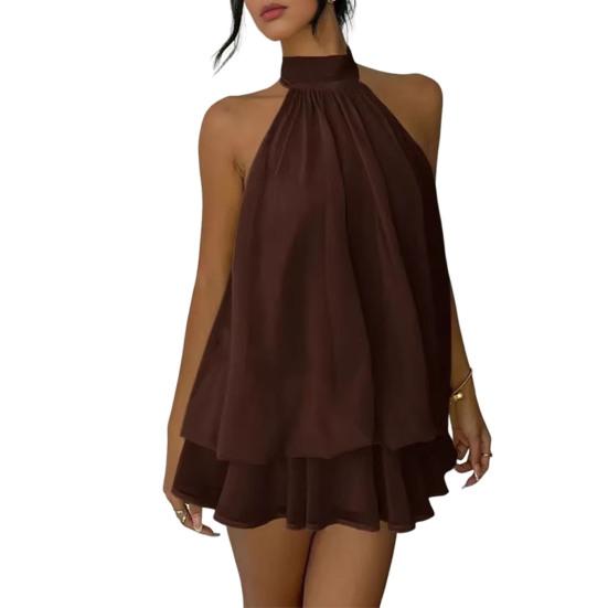 Women's Halter Neck Chiffon Mini Dress Summer Sleeveless Cocktail Party Dress Ruffle Wedding Guest Dress