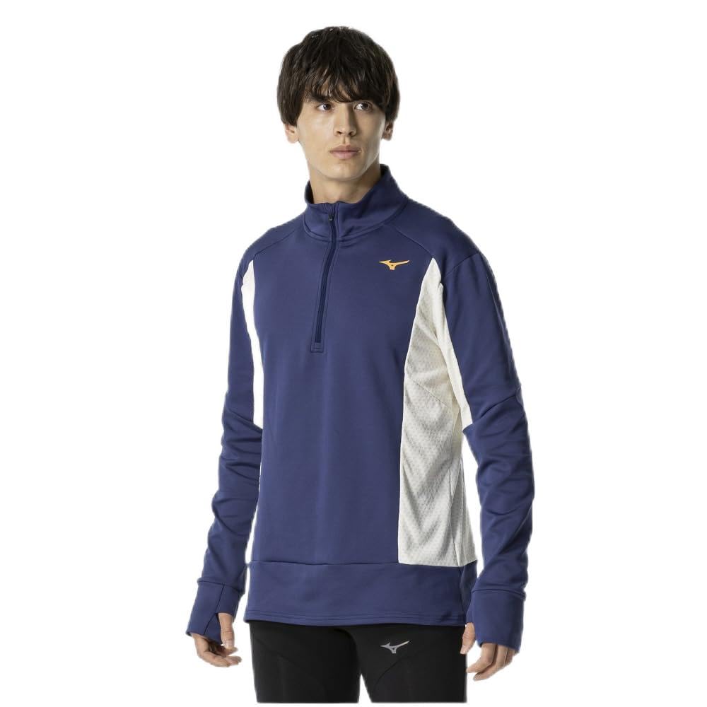 Running Wear Warma Light Half Fleece Reflective Estate Blue [Mizuno] Shirt, Zip, Aurora, Warm, Lining, Stretch, Print, J2MCA505, Men's,