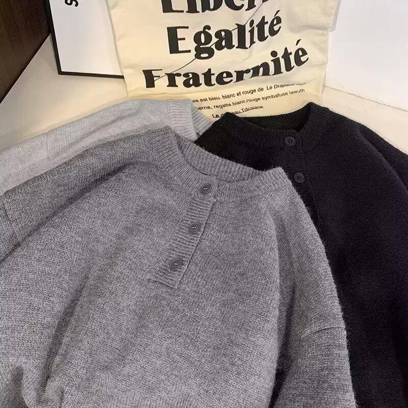 Men's High-End Henley Collar Sweater - Spring/Autumn 2026 Solid Color Knitwear