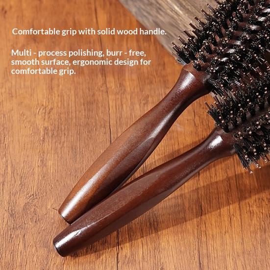 Boar Bristle Round Hair Brush Ergonomic Wooden Handle Men Women Hair Straightening Curling Volumizing Detangling Styling Comb